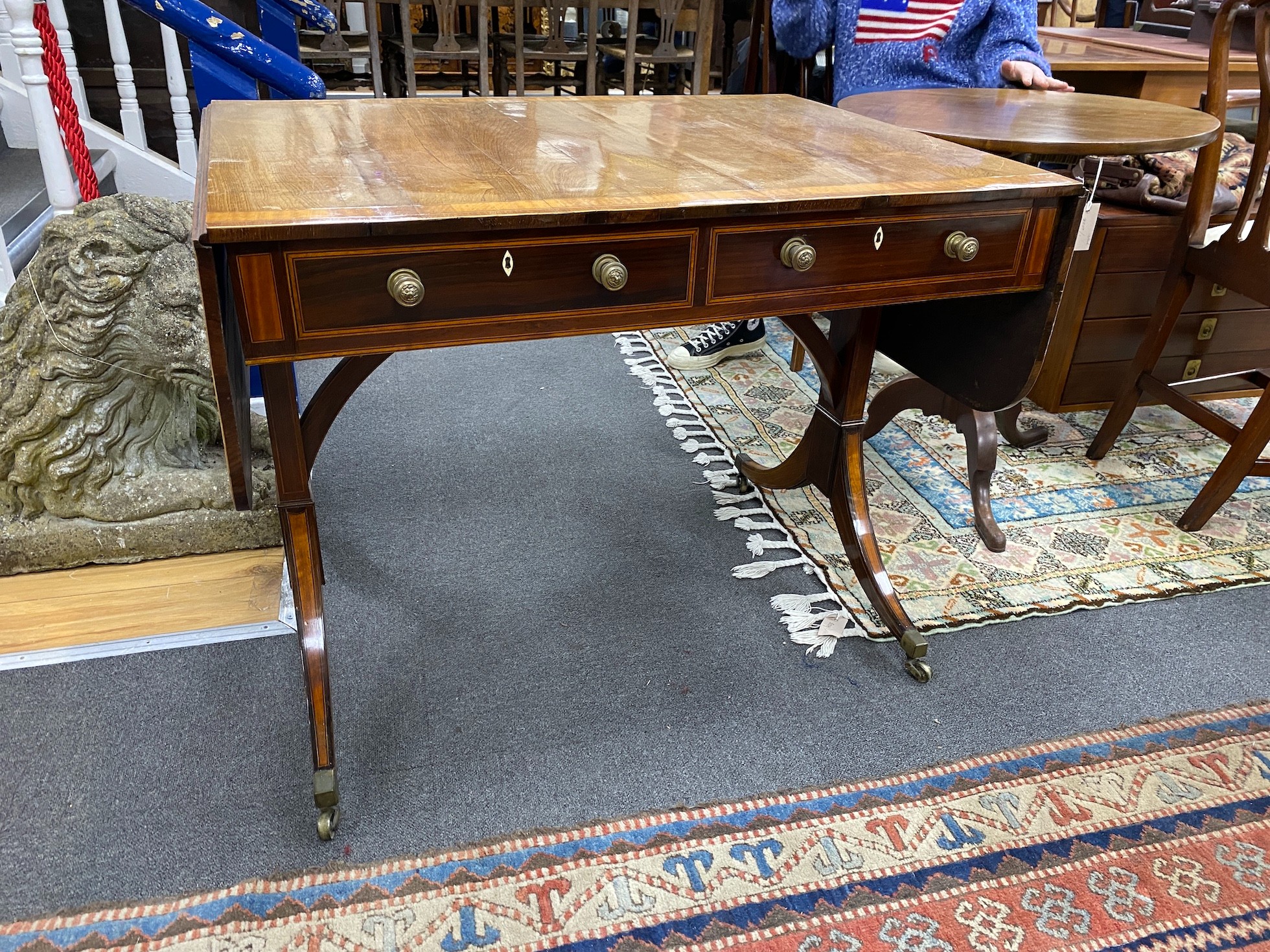 A George III satinwood banded faded rosewood sofa table, width 92cm, depth 69cm, height 74cm
